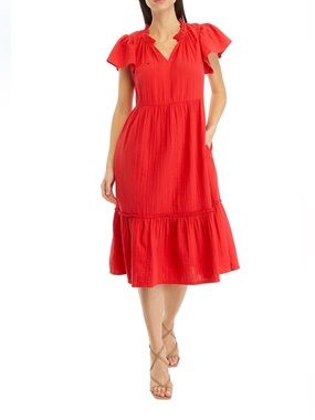 Wonderly Red Flutter Sleeve Midi Dress